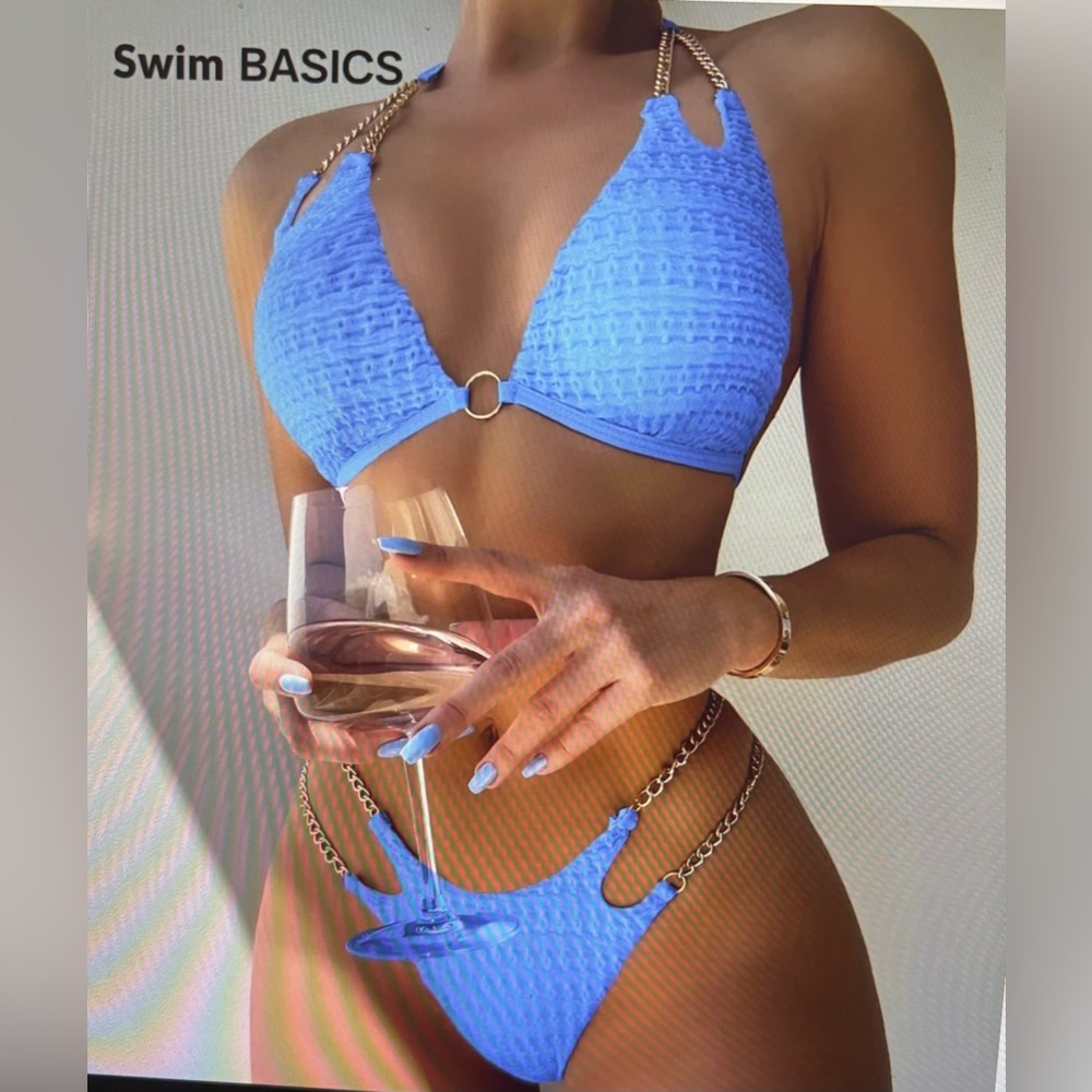 Blue Textured Chain Strap Bikini Set